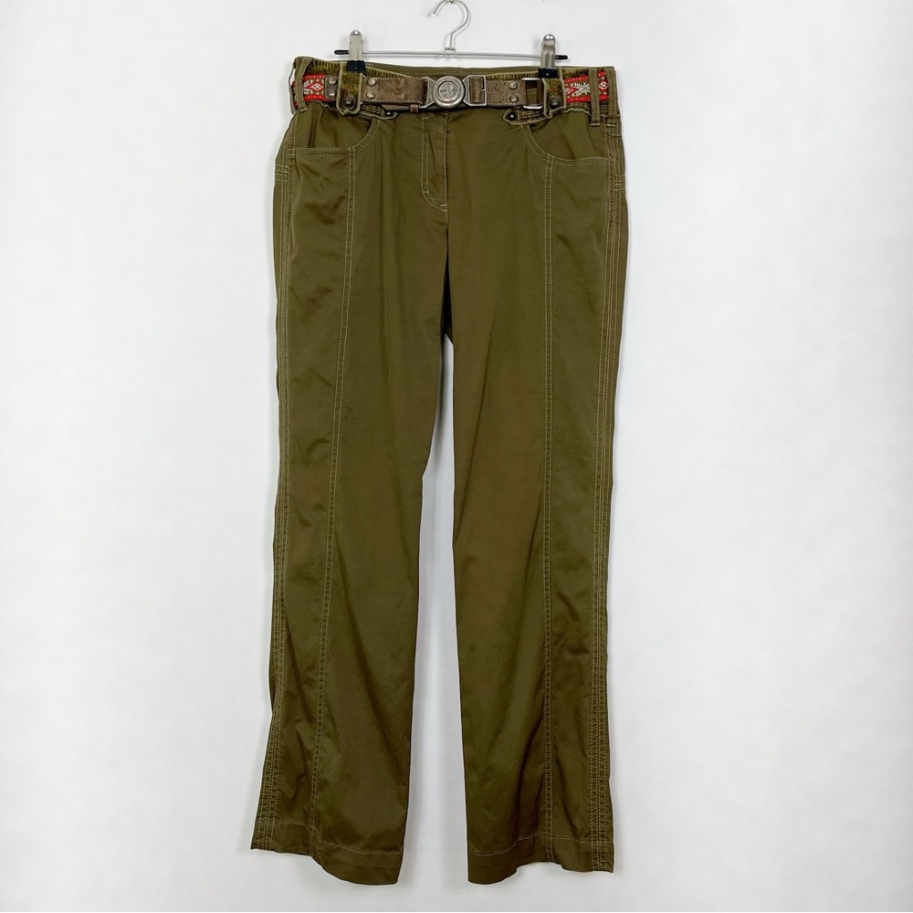 Marc Cain Olive Green Wide-Leg Trousers with Embroidered Belt